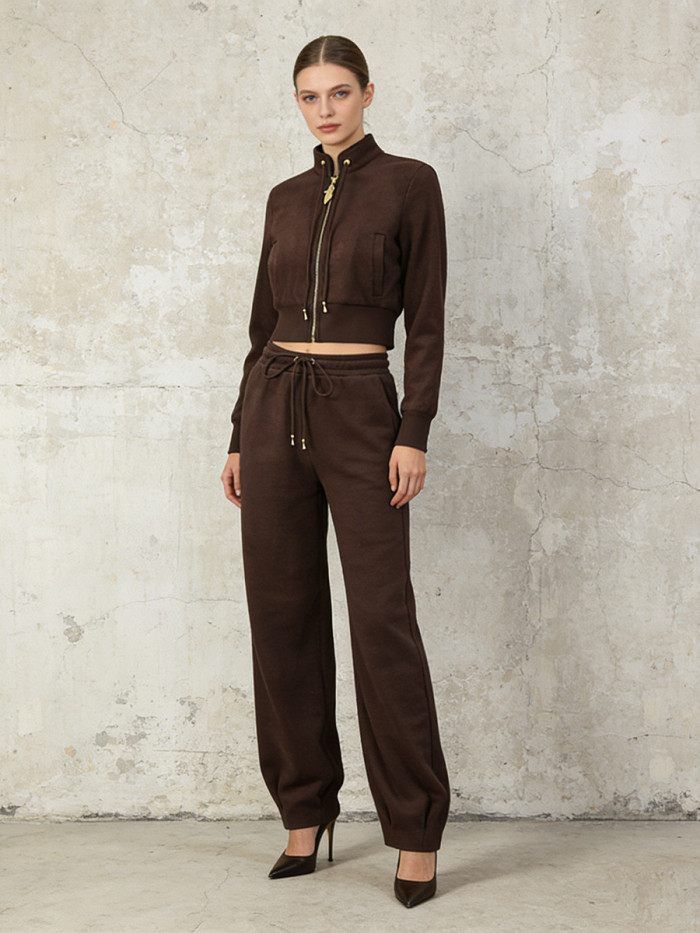 New style button-down zipper top + drawstring solid-colored harem pants set DLZTZ26216S