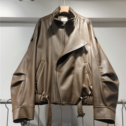New style stand-up collar loose BF motorcycle-style PU dark brown leather jacket DLZ26N0101M