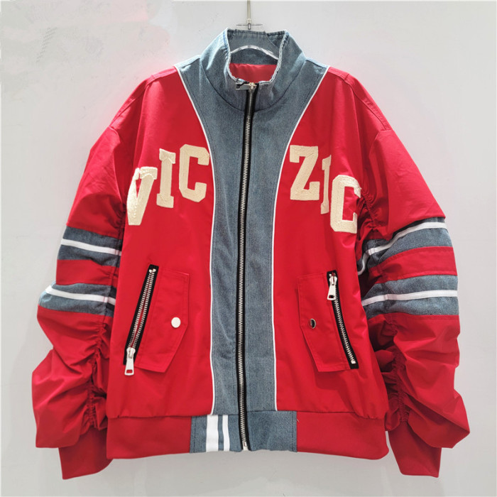 Letter-stitched denim patchwork coat for women, spring-autumn loose-fitting casual multi-purpose crew-neck baseball jacket top  DLZWT26101
