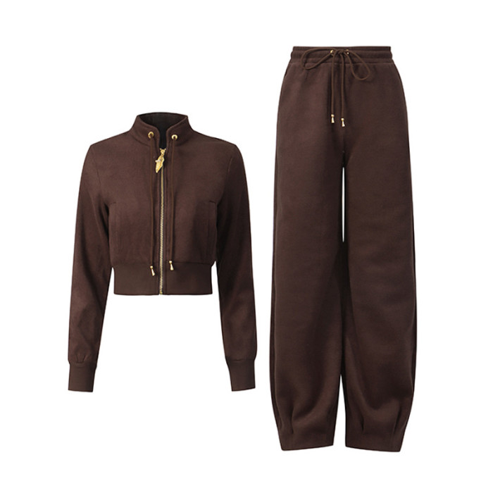 New style button-down zipper top + drawstring solid-colored harem pants set DLZTZ26216S