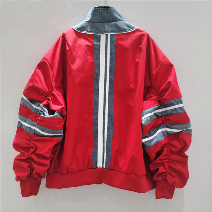 Letter-stitched denim patchwork coat for women, spring-autumn loose-fitting casual multi-purpose crew-neck baseball jacket top  DLZWT26101