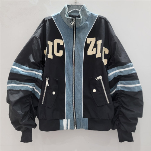Letter-stitched denim patchwork coat for women, spring-autumn loose-fitting casual multi-purpose crew-neck baseball jacket top  DLZWT26101