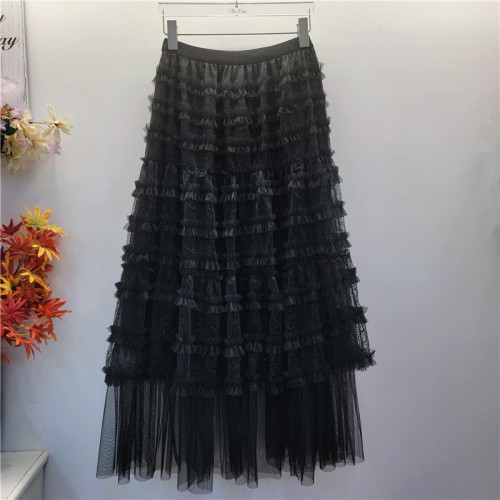 Lace-embroidered wooden ear detail puffy cake-style skirt half-dress DLZ26N1012