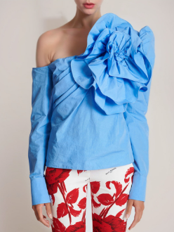 Blue 3D Three-dimensional Flowers Shirt Women's Diagonal Collar Off Shoulder Long Sleeves Blouse Summer New YX039005