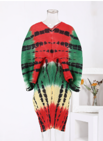 Contrast Color Print Pleated Dress Women V Neck Batwing Sleeves Mid Length Dresses   New 2AA2607