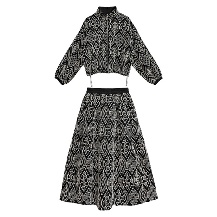 DLZTZ265801  Retro embroidery high-neck top + midi skirt two-piece set - Autumn new style, loose fit, elegant and stylish outfit