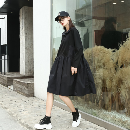 Women Black Pleated Big Size Knee Length A-line Dress New Lapel Long Sleeve Fashion Tide Spring Autumn  DLZ334301