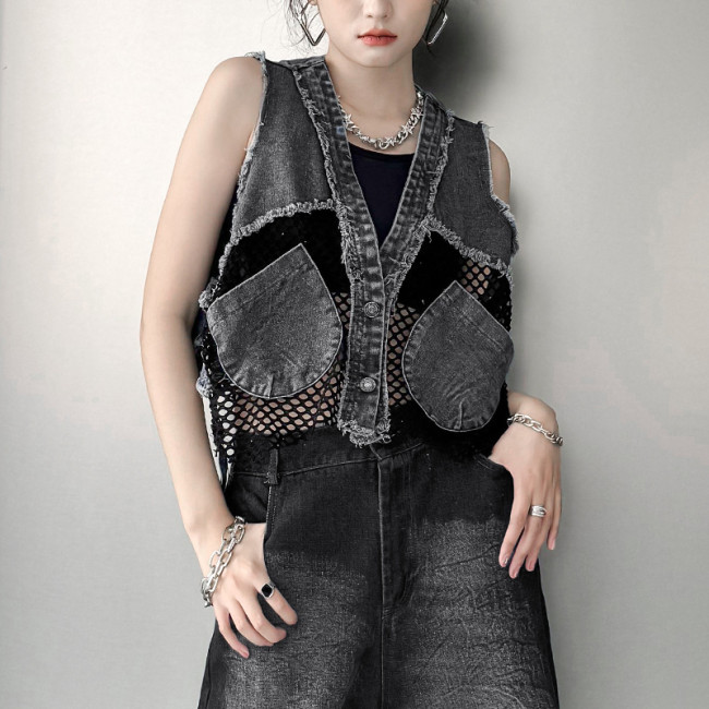  Women Denim Hollow Out Splice Big Size Short Vest New V-collar Sleeveless Looe Fit Fashion Tide Spring Autumn  DLZ4345