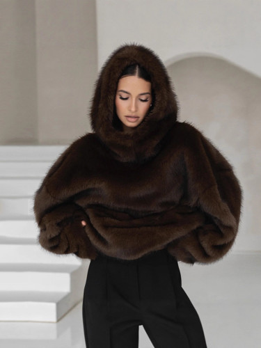 Environmentally friendly fur coat for women, loose-fitting, imitation fox fur, with a hood. DLZM85016S