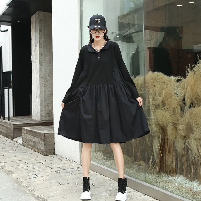 Women Black Pleated Big Size Knee Length A-line Dress New Lapel Long Sleeve Fashion Tide Spring Autumn  DLZ334301