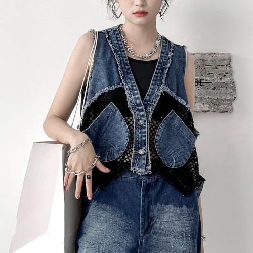  Women Denim Hollow Out Splice Big Size Short Vest New V-collar Sleeveless Looe Fit Fashion Tide Spring Autumn  DLZ4345