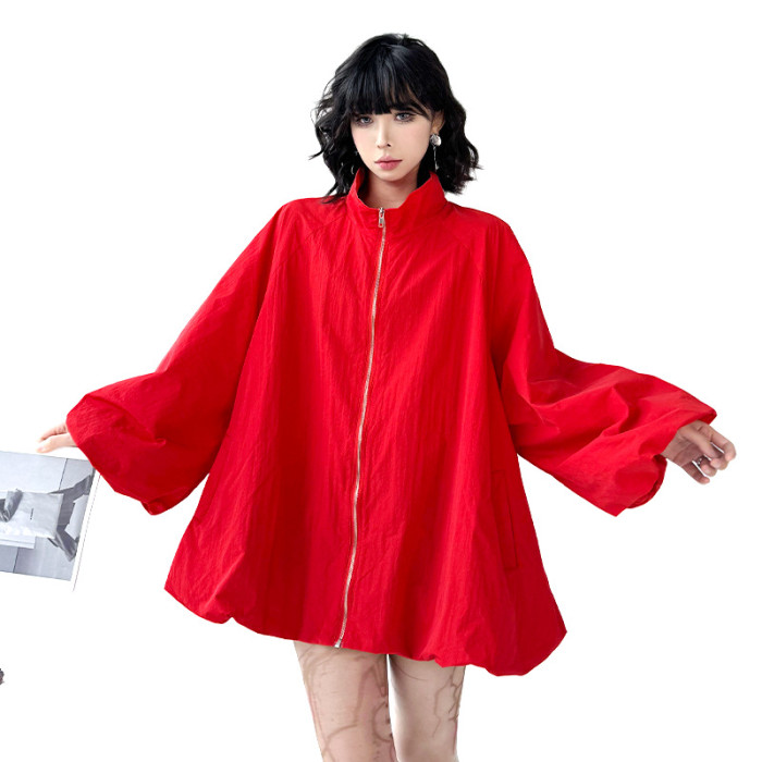 Shaped Big Size Casual Jacket New Stand Collar Long Lantern Sleeve Women Coat Fashion Tide Spring Autumn DLZ81204