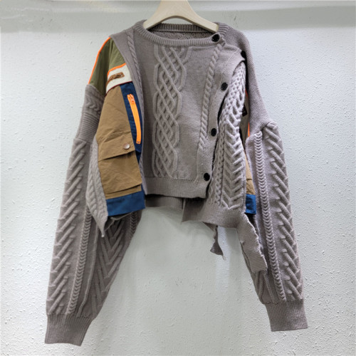 Autumn New Niche Design Irregular Splicing Knitted Sweater For Women Fashion Loose Single-breasted Pullover 33A2043