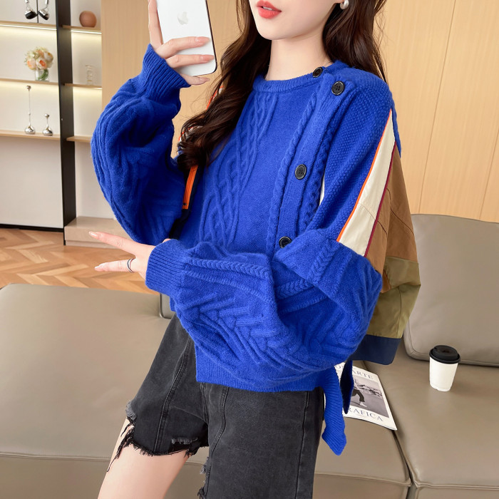 Autumn New Niche Design Irregular Splicing Knitted Sweater For Women Fashion Loose Single-breasted Pullover 33A2043
