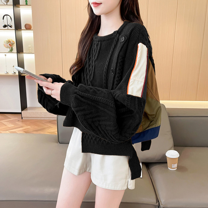 Autumn New Niche Design Irregular Splicing Knitted Sweater For Women Fashion Loose Single-breasted Pullover 33A2043