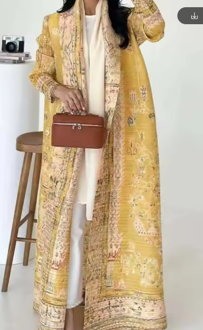 Women's Elegant Pleated Printed Trench Coat Lapel Long Sleeve Loose Temperament Cardigan Robe Fashion DLZ75907
