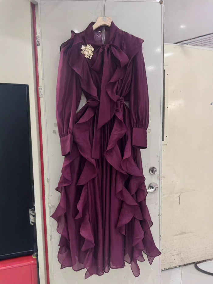 Purple Dress Women Bow Collar Ruffles Lace Up Waist Long Sleeves Embroidery Dresses Autumn New   DLZQZ2614