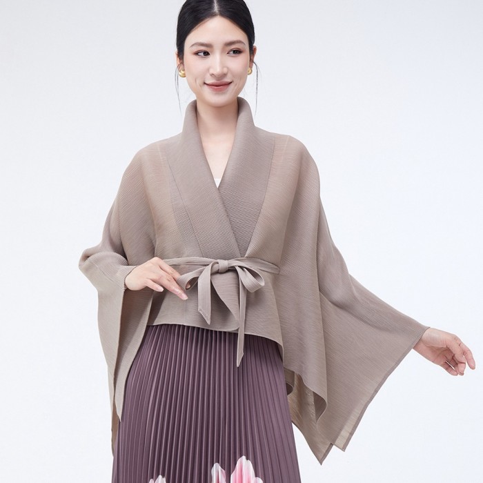 Women's Pleated Coat Loose Lapel Lace Up Irregular Solid Color Casual Versatile Cape Female Fashion  Spring  2DE43104