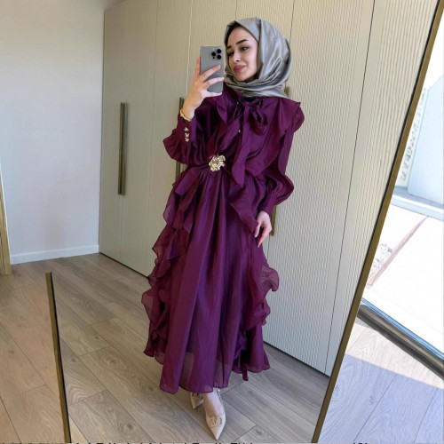 Purple Dress Women Bow Collar Ruffles Lace Up Waist Long Sleeves Embroidery Dresses Autumn New   DLZQZ2614