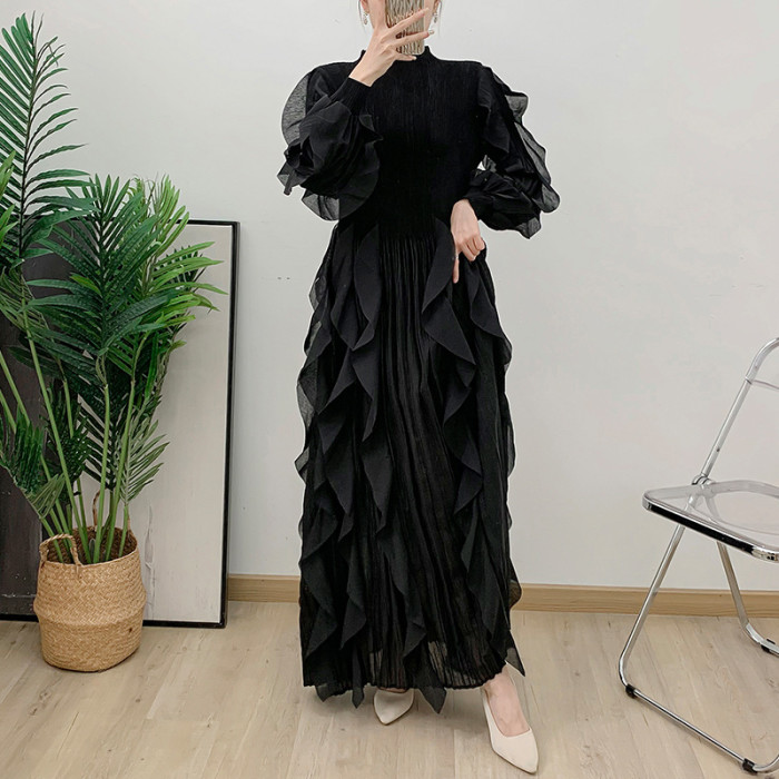 Elegant Pleated Dress For Women Stand Collar Puff Sleeves High Stretch Personalized Dresses   DLZ281701