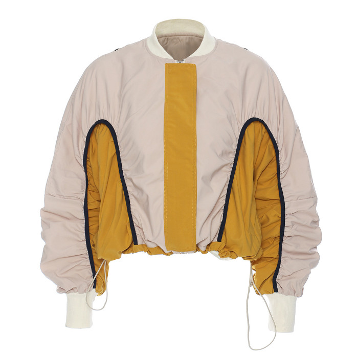  Khaki Color-block Drawstring Big Size Jacket New Stand Collar Long Sleeve Women Coat Fashion Spring Autumn DLZ5645