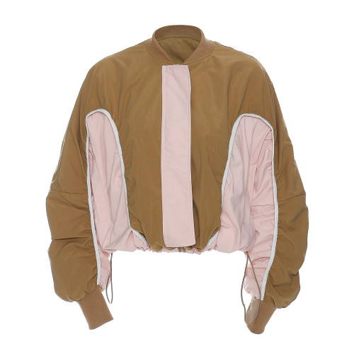  Khaki Color-block Drawstring Big Size Jacket New Stand Collar Long Sleeve Women Coat Fashion Spring Autumn DLZ5645