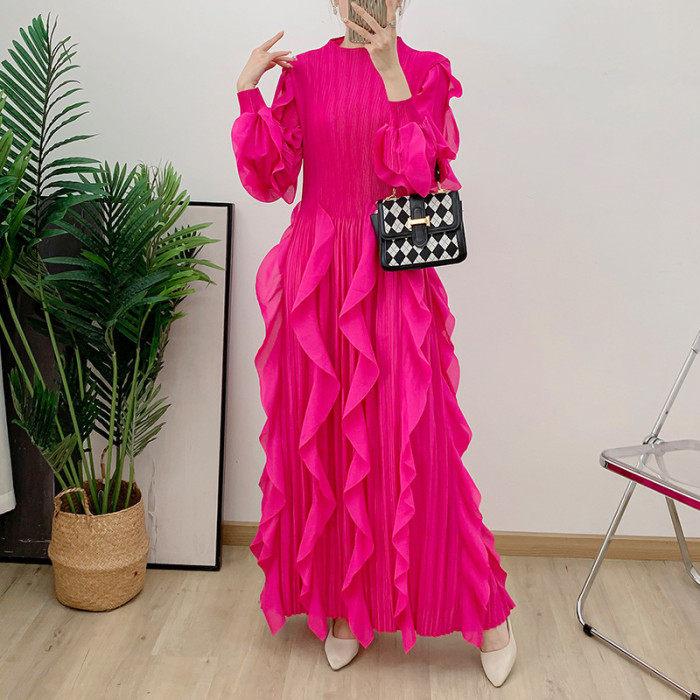 Elegant Pleated Dress For Women Stand Collar Puff Sleeves High Stretch Personalized Dresses   DLZ281701