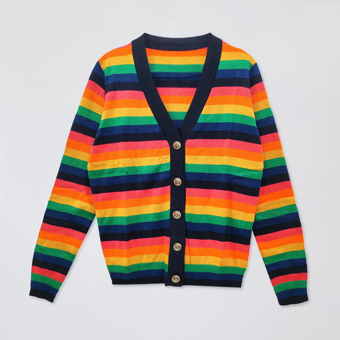 Fashion Stripes Printed V-neck Buttoned Long-Sleeved Cardigan for Women's Wool Sweater  DLZMY2608S