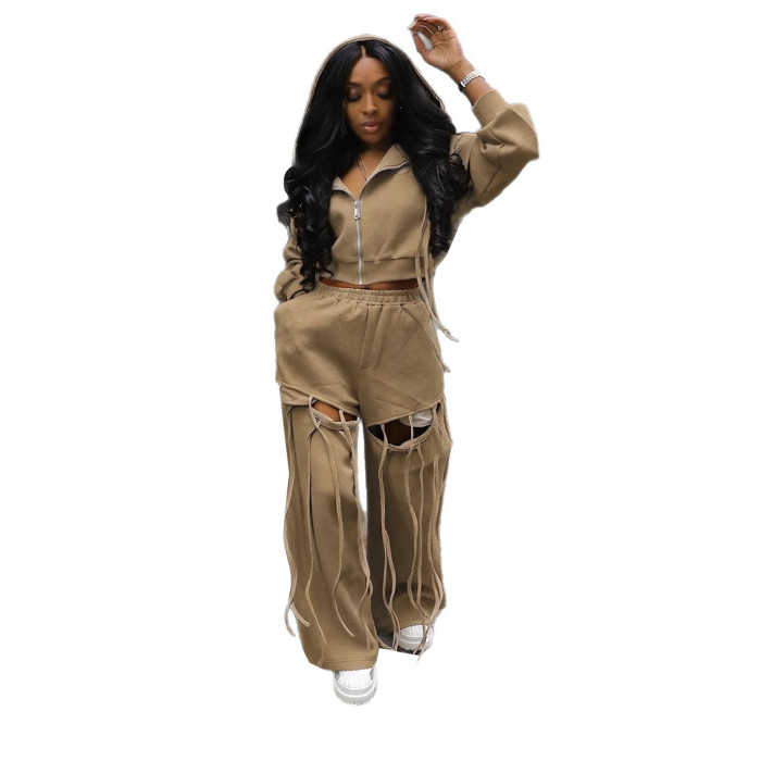 Casual commuting hooded zipper hoodie + wide-leg holey casual two-piece set / outfit