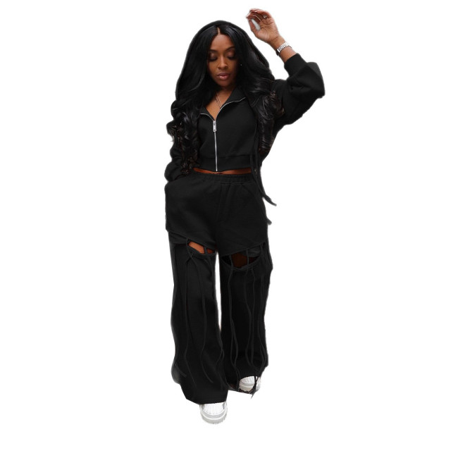 Casual commuting hooded zipper hoodie + wide-leg holey casual two-piece set / outfit