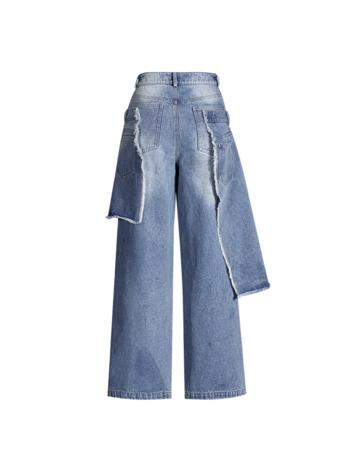 High Waist Blue Denim Holes Irregular Burr Wide Leg Jeans Pants New Trousers Women Fashion Tide Spring Autumn  7A2588
