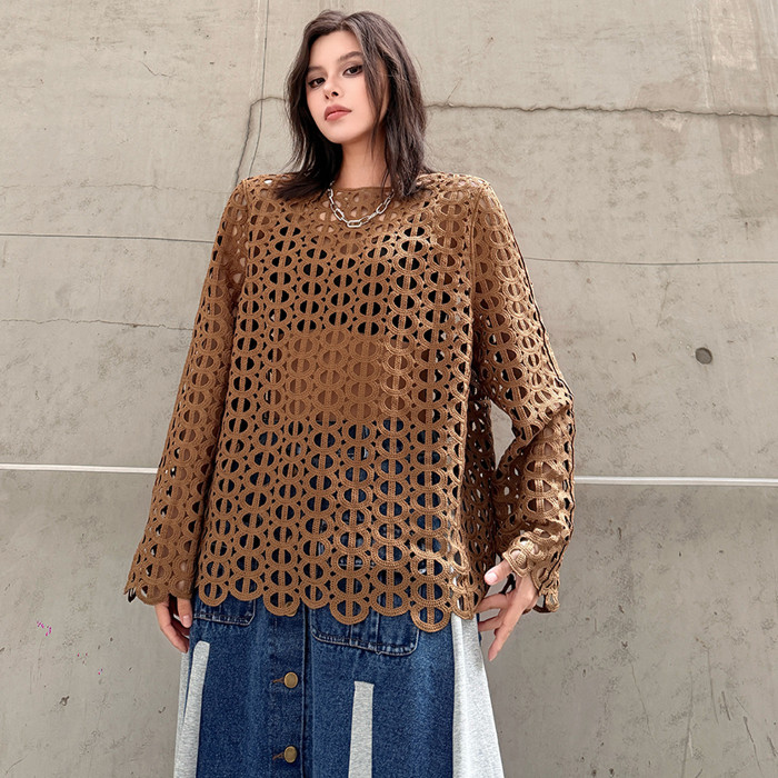 Women Coffee Hollow Out Big Size Casual T-shirt New Round Neck Long Sleeve Fashion Tide Spring Autumn  1DJ5735