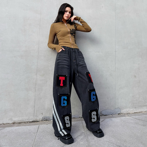 Personalized patchwork color-block letter print high-waisted wide-leg pants  DLZNZK0301