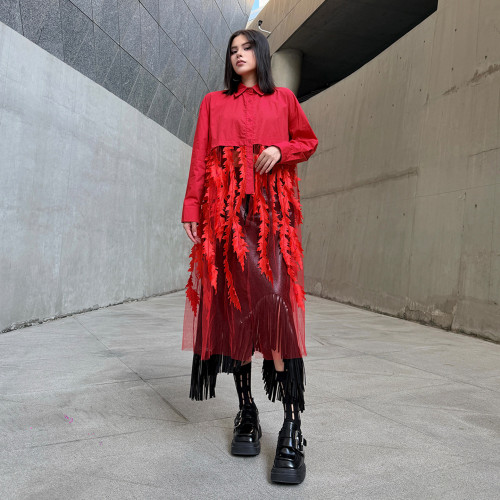 omen Red Mesh Lace Spliced Big Size Midi Shirt Dress New Lapel Long Sleeve Fashion Tide Spring Autumn  1DJ5318