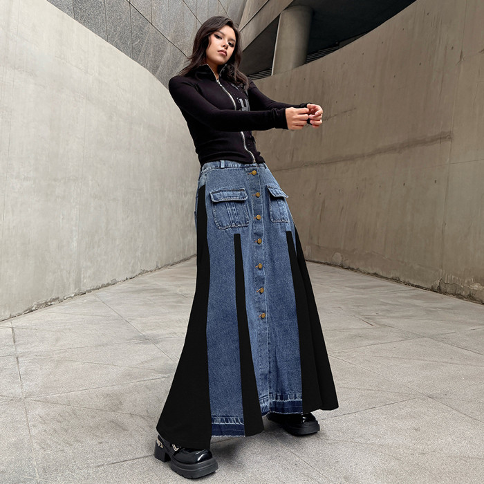 High Waist Gray Pockets Buttons Color-block Denim A-Line Half-body Skirt Women Fashion New Spring Autumn  1DJ5728