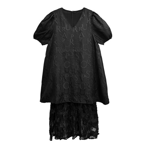 Black lace-embroidered V-neck long dress DLZQZ30501