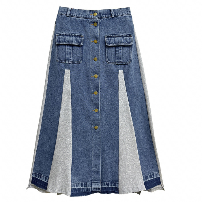 High Waist Gray Pockets Buttons Color-block Denim A-Line Half-body Skirt Women Fashion New Spring Autumn  1DJ5728