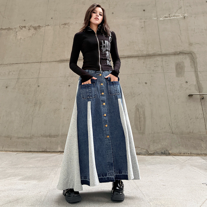 High Waist Gray Pockets Buttons Color-block Denim A-Line Half-body Skirt Women Fashion New Spring Autumn  1DJ5728