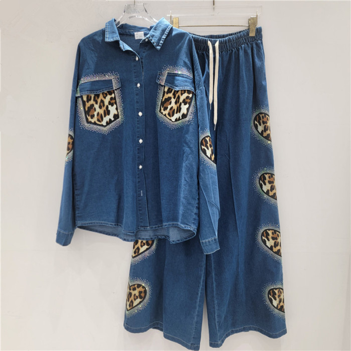 Leopard print patchwork sequined denim long-sleeved top and pants set  DLZTZ26305M