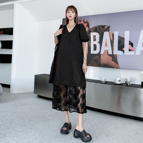 Black lace-embroidered V-neck long dress DLZQZ30501