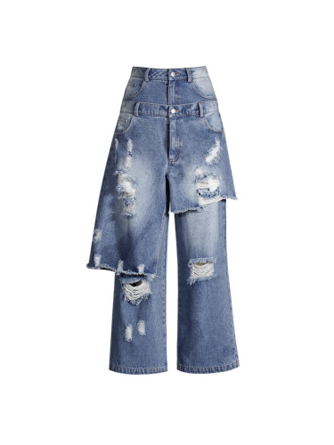 High Waist Blue Denim Holes Irregular Burr Wide Leg Jeans Pants New Trousers Women Fashion Tide Spring Autumn  7A2588