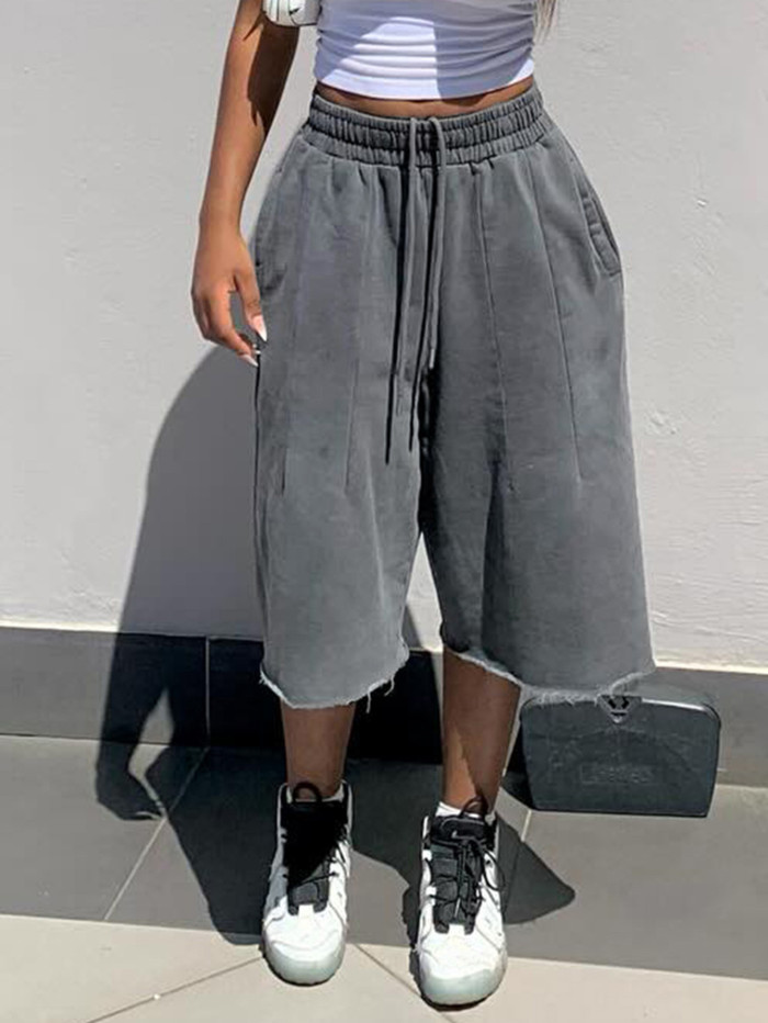 Grey casual elastic drawstring waistband flared bottom hem 7-inch pants  DLZMK002S
