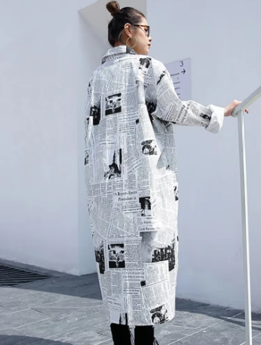 Women White Irregular Printed Big Size Long Blouse New Lapel Long Sleeve Loose Fit Shirt Fashion Spring Autumn  JF008