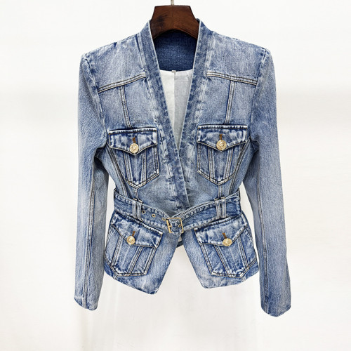 Fashion Multi-pocket Denim Blazer Women's V-neck Slim Sashes Long Sleeves Suit Jacket Autumn New 7A1589