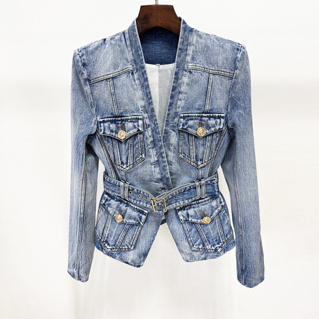 Fashion Multi-pocket Denim Blazer Women's V-neck Slim Sashes Long Sleeves Suit Jacket Autumn New 7A1589