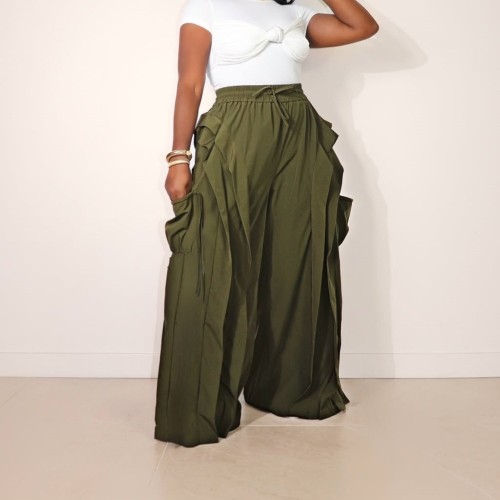 Military green stretch pleated fringed wide-leg straight-leg pants  DLZKZ260306S