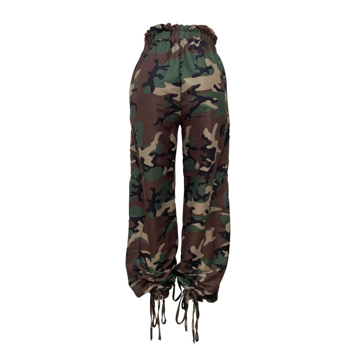 Camouflage printed stretch waist bag pants with wide legs and elasticated ankles harem pants long pants  DLZMC0309S
