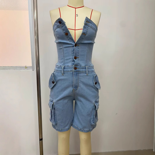 Strapless cardigan with large button pocket and denim one-piece shorts  DLZ243705S