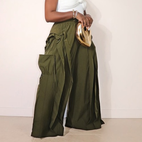 Military green stretch pleated fringed wide-leg straight-leg pants  DLZKZ260306S