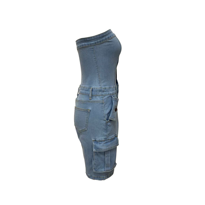 Strapless cardigan with large button pocket and denim one-piece shorts  DLZ243705S